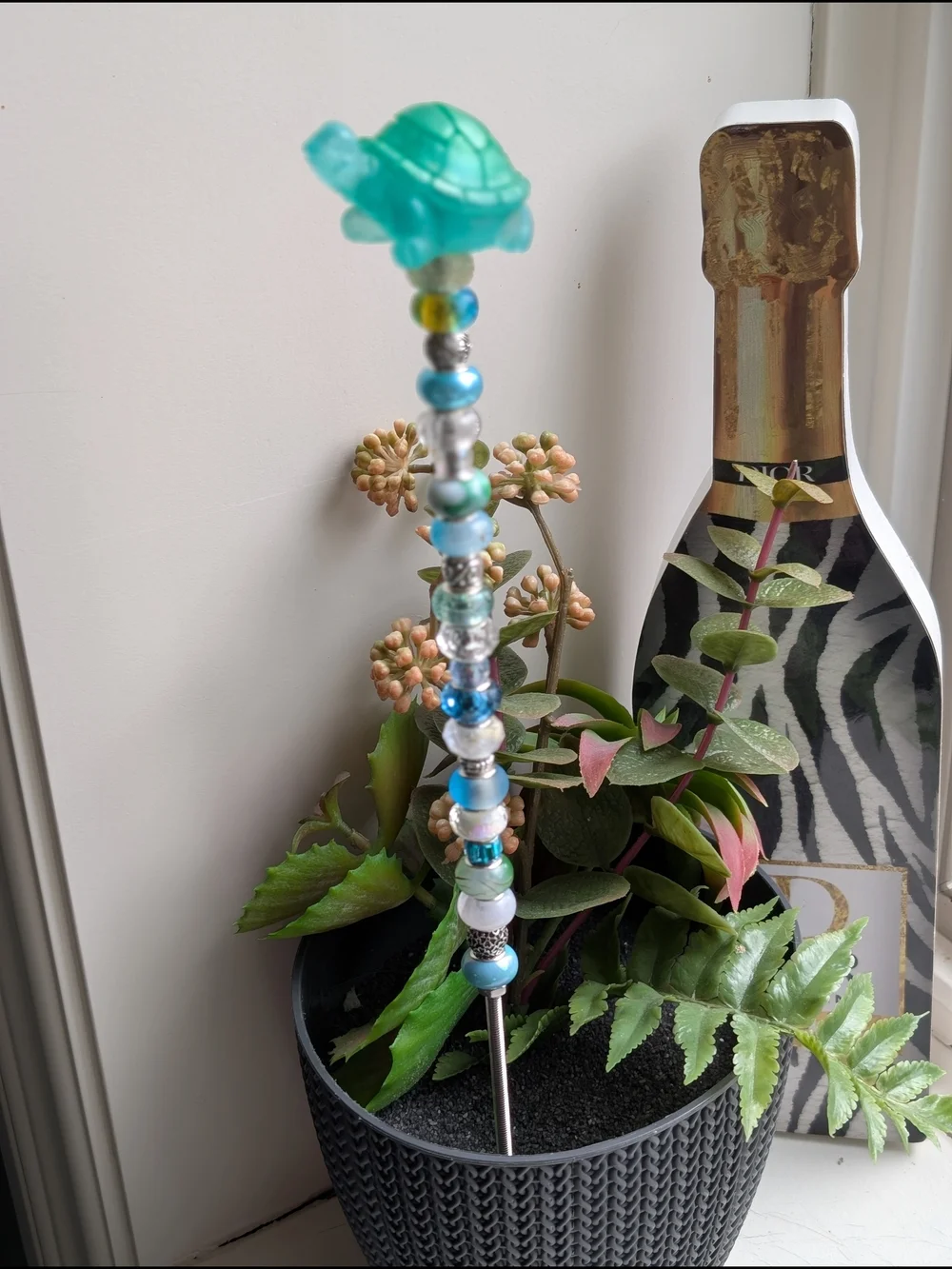 Blue Green Beaded Fairy Wand/Plant/Garden Stake W/Resin Turtle Topper 🐢